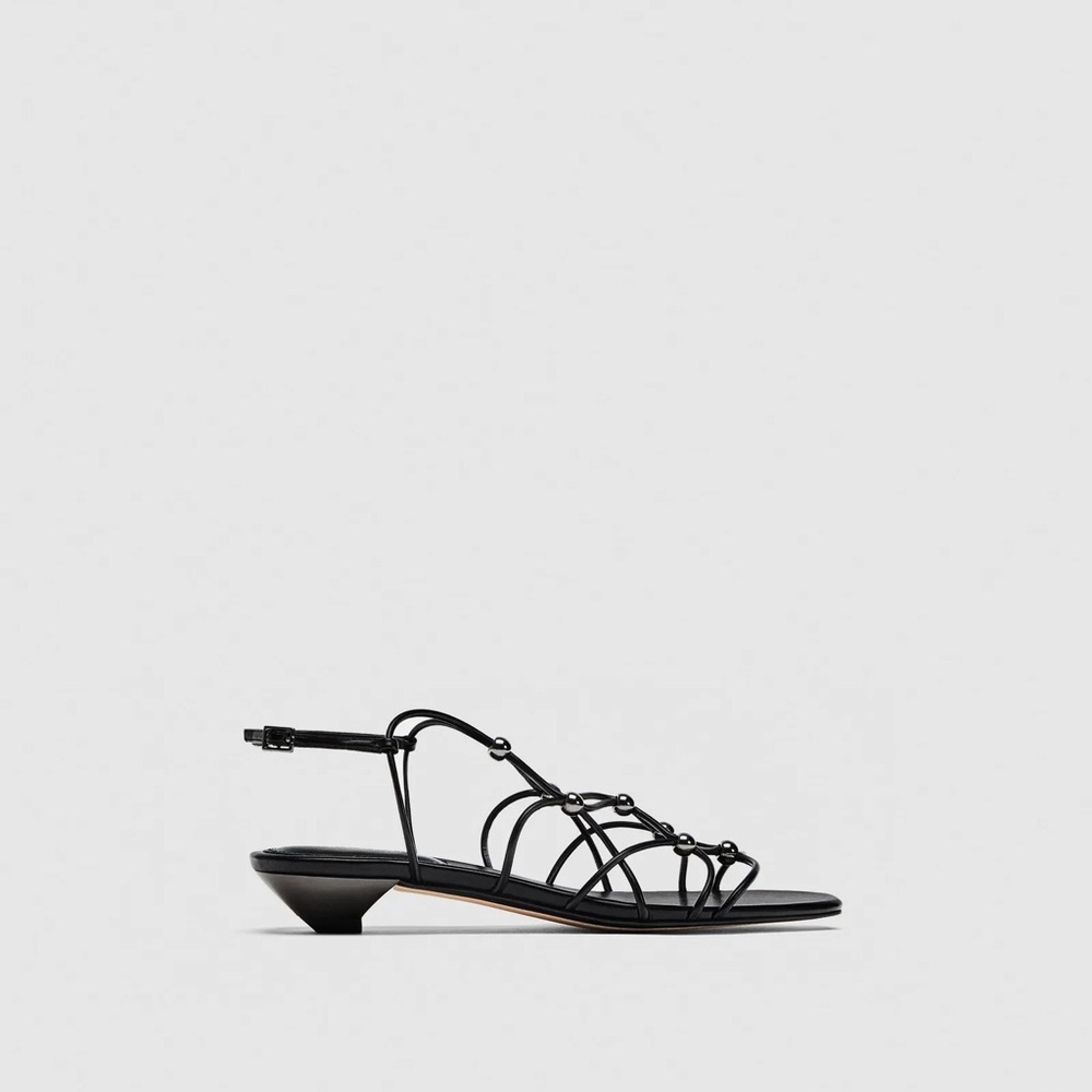 Minimal Black Beaded Strappy Sandals Chrome Sculptural Kitten Heel Women Size 9